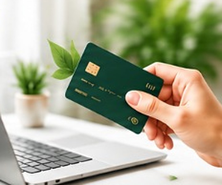 Hand holding a payment card beside a laptop