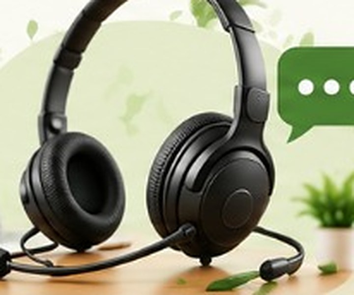 Customer support headset with microphone beside a computer
