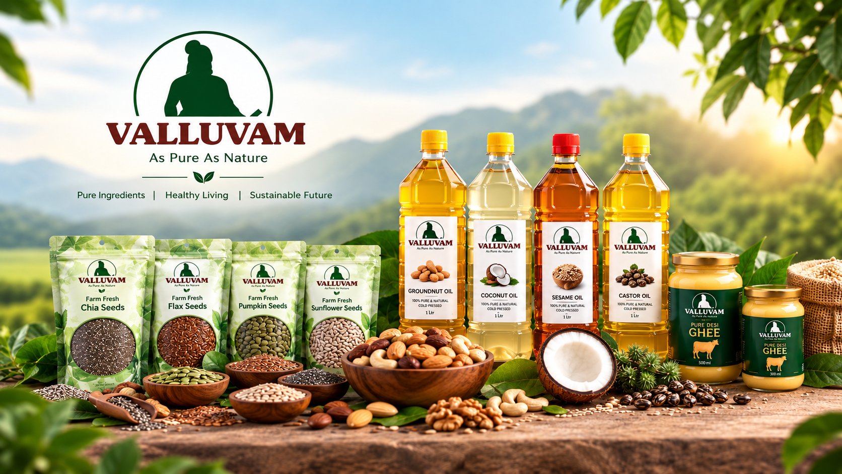 Pure Nature. Better Living. Bowls of almonds, cashews, raisins, cardamom and rice on a wooden table, highlighting Premium Quality, Trusted Sourcing, Reliable Delivery and Dedicated Support.