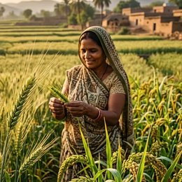 Farmer hand-picking crops in a green field